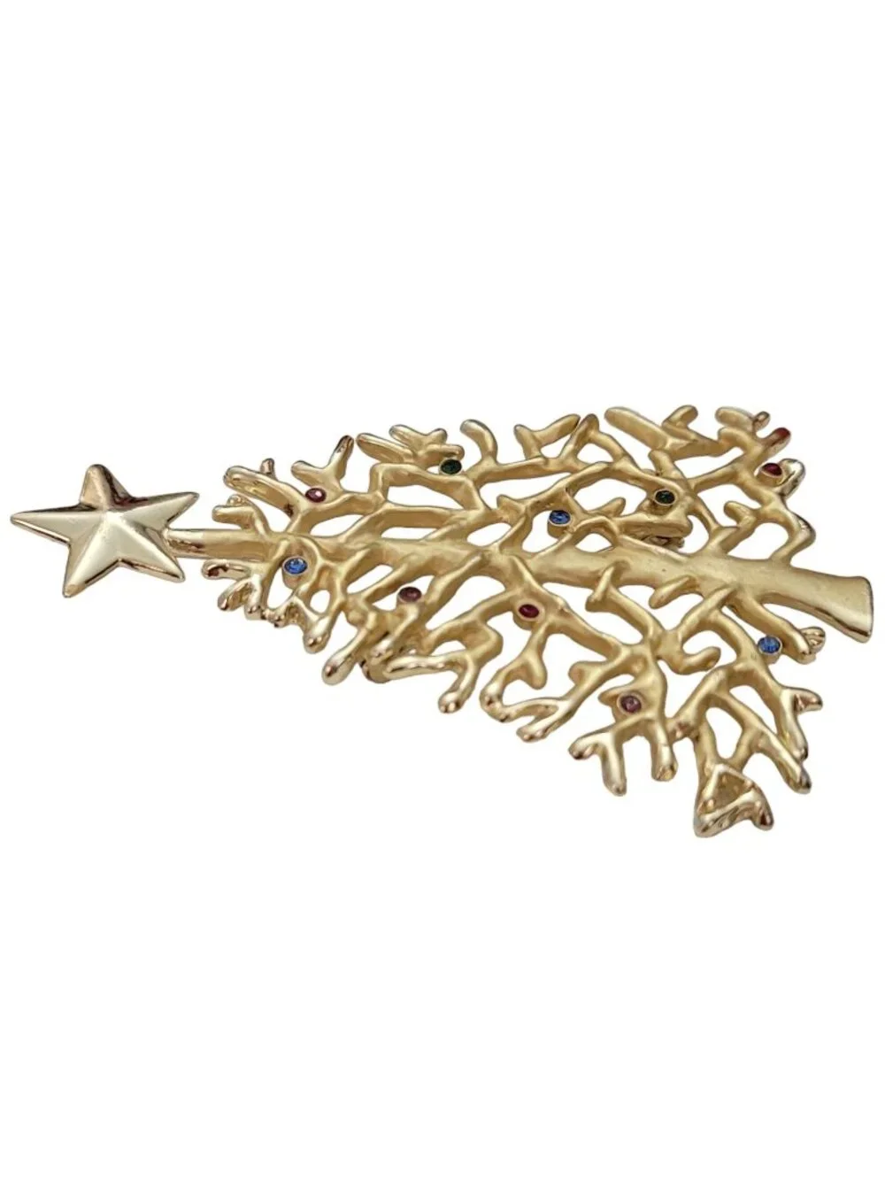 Gold Tone Multi Color Statement Rhinestone Christmas Tree Brooch E873